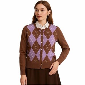 Lands’ End Women’s L Brown Purple Argyle Button Cardigan Sweater Preppy Academia